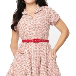 Unique Vintage Red and White Gingham Midi Dress Sequins Pinup Retro 1950s